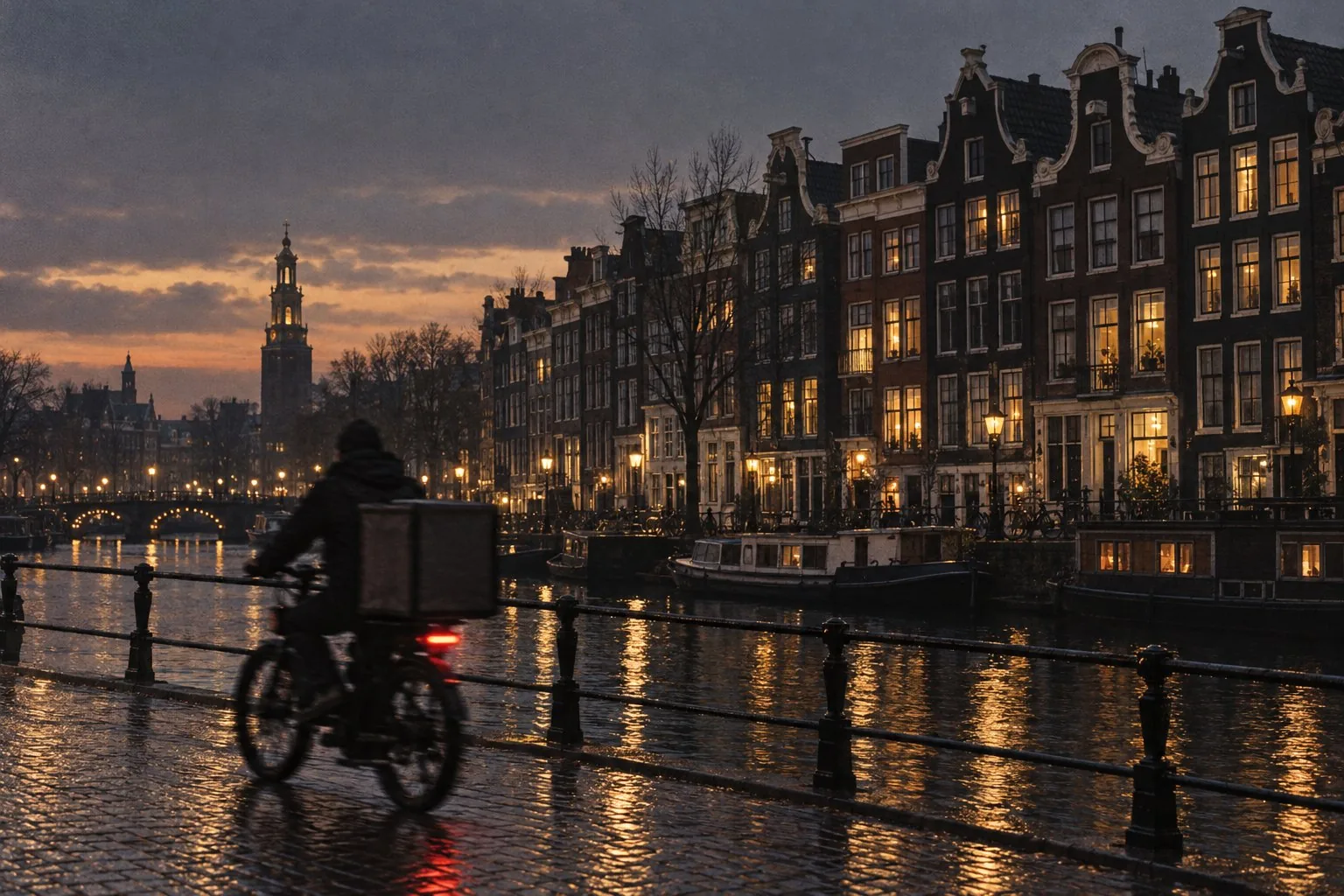 Lachgas Amsterdam koerier op een e-bike langs de grachten in de avond